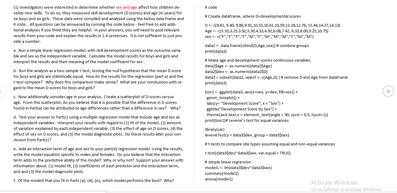R Code Create Dataframe Where D Developmental Scores 1 Investigators Were Interested In Determine Whether Sex And A 1