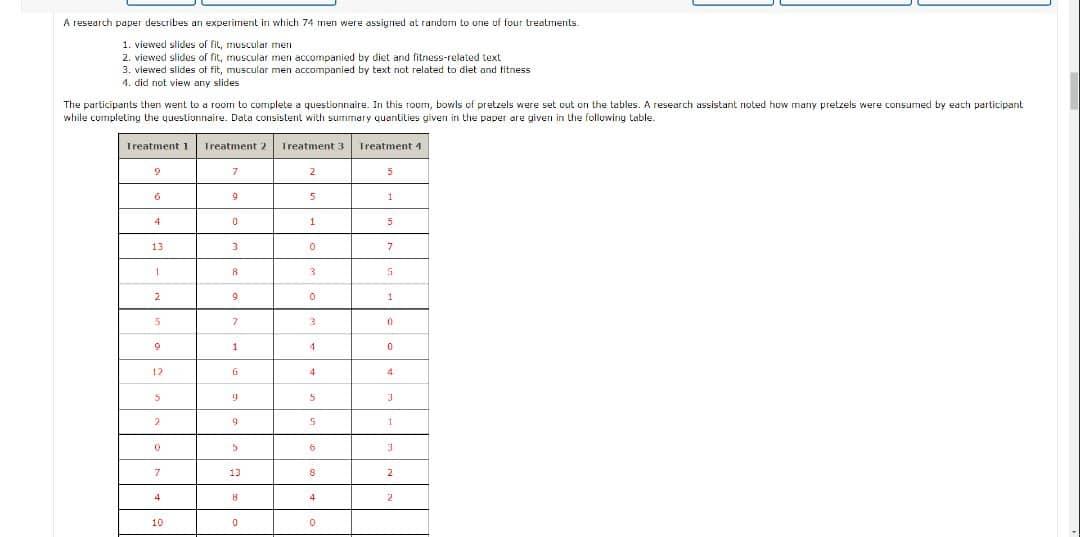A Research Paper Describes An Experiment In Which 74 Men Were Assigned At Random To Une Of Four Treatments 1 Viewed Sli 1