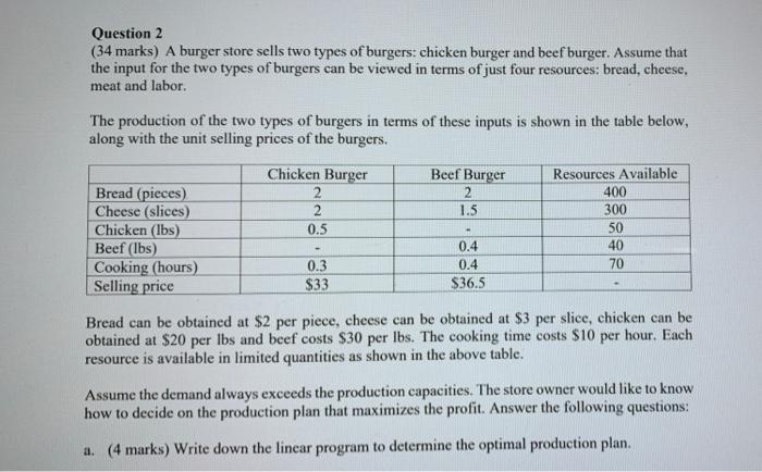 Question 2 34 Marks A Burger Store Sells Two Types Of Burgers Chicken Burger And Beef Burger Assume That The Input F 1