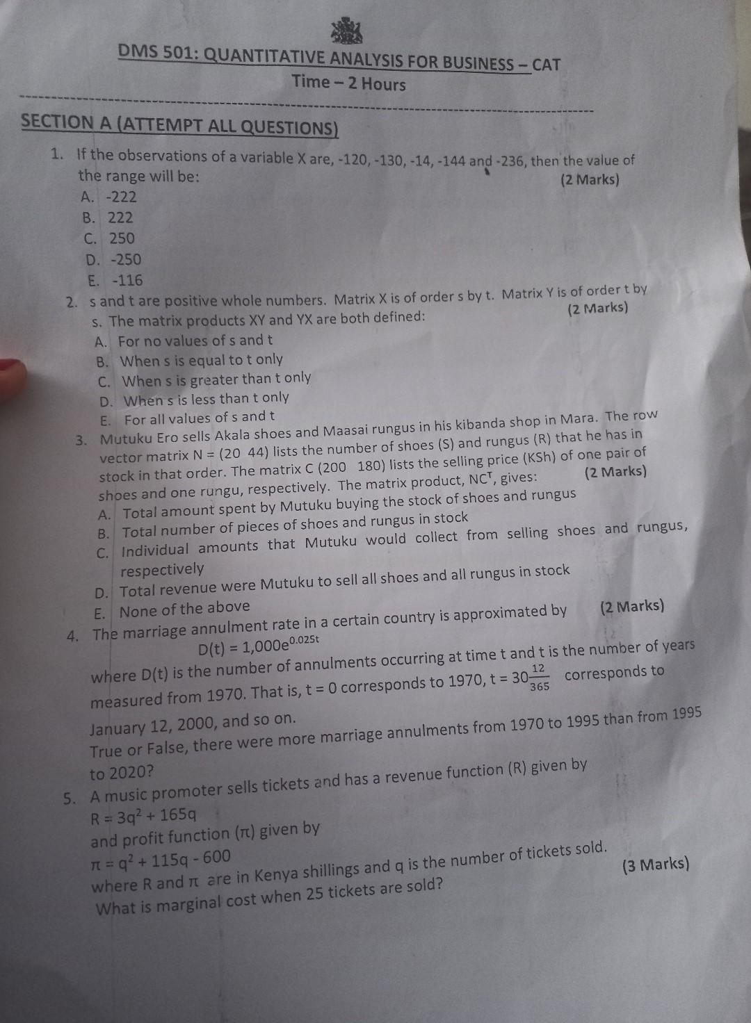 Dms 501 Quantitative Analysis For Business Cat Time 2 Hours Section A Attempt All Questions 1 If The Observations 1