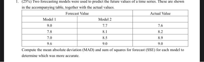 1 25 Two Forecasting Models Were Used To Predict The Future Values Of A Time Series These Are Shown In The Accompan 1