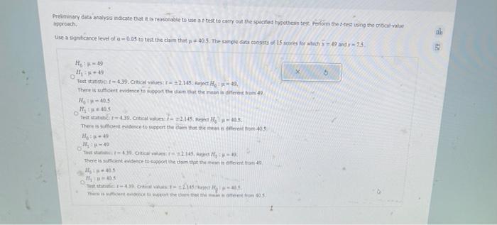 Primary Data Analysis Indicate At It Is Reasonable To Use Aftest To Carry Out The Specified Hypothesis Test Perform The 1