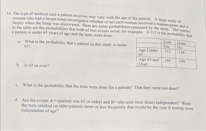 16 The Type Of Medical Care A Patient Receives May Vary With The Age Of The Patient A Large Study Of Women Who Had A B 1