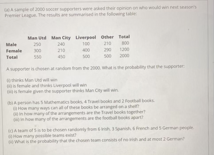 A A Sample Of 2000 Soccer Supporters Were Asked Their Opinion On Who Would Win Next Season S Premier League The Resul 1