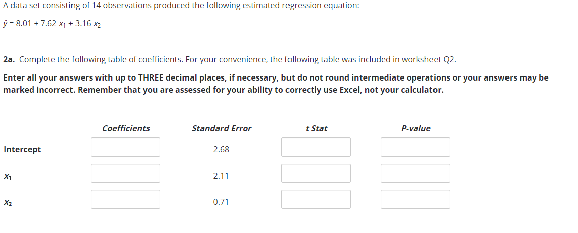A Data Set Consisting Of 14 Observations Produced The Following Estimated Regression Equation Y 8 01 7 62 X 3 16 1