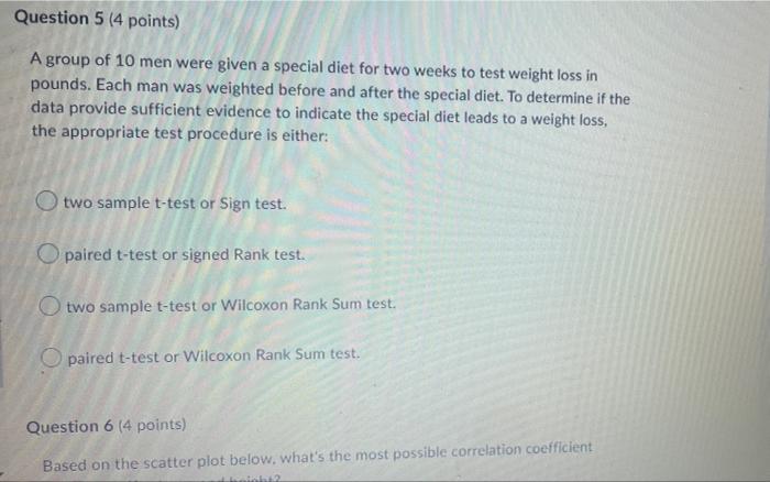 Question 5 4 Points A Group Of 10 Men Were Given A Special Diet For Two Weeks To Test Weight Loss In Pounds Each Man 1