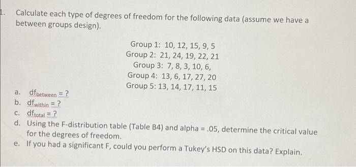 1 Calculate Each Type Of Degrees Of Freedom For The Following Data Assume We Have A Between Groups Design Group 1 1 1