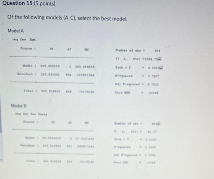 Question 15 5 Points Of The Following Models A C Select The Best Model Model A Reg Fer Lige Source 30 8 Te1 Wa 1