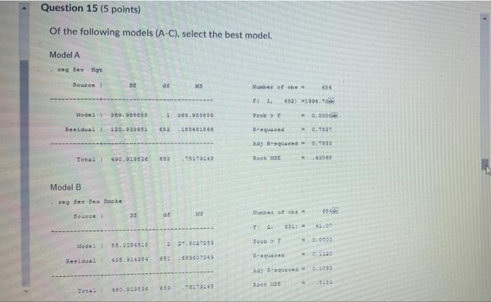 Question 15 5 Points Of The Following Models A C Select The Best Model Model A Reg Fer Lige Source 30 8 Te1 Wa 2