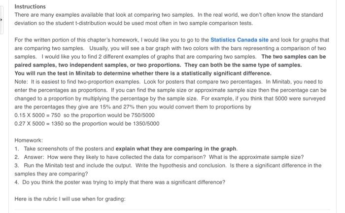 Instructions There Are Many Examples Available That Look At Comparing Two Samples In The Real World We Don T Often Kno 1