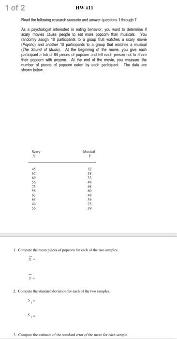 1 Of 2 Hw 11 Read The Following Research Scenario And Answer Questions 1 Through 7 As A Psychologist Interested In Eati 1