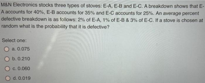 M N Electronics Stocks Three Types Of Stoves E A E B And E C A Breakdown Shows That E A Accounts For 40 E B Accoun 1