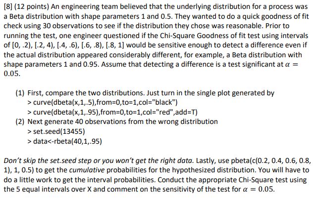 8 12 Points An Engineering Team Believed That The Underlying Distribution For A Process Was A Beta Distribution With 1