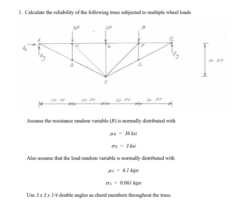 1 Calculate The Reliability Of The Following Truss Subjected To Multiple Wheel Loads 3p 2p E E H F T Ax 10 Ft 40 B 10 F 1