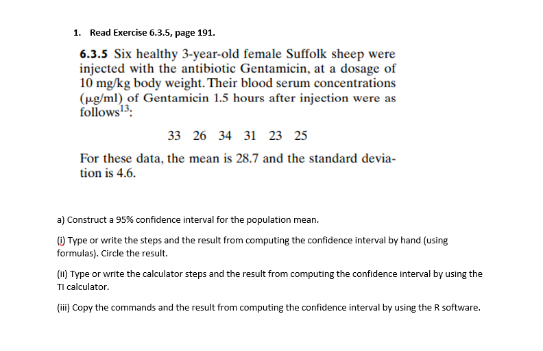 1 Read Exercise 6 3 5 Page 191 6 3 5 Six Healthy 3 Year Old Female Suffolk Sheep Were Injected With The Antibiotic Ge 1