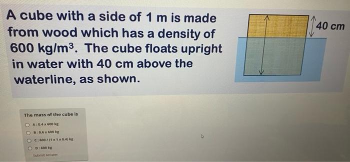 1140 40 Cm A Cube With A Side Of 1 M Is Made From Wood Which Has A Density Of 600 Kg M3 The Cube Floats Upright In Wate 1