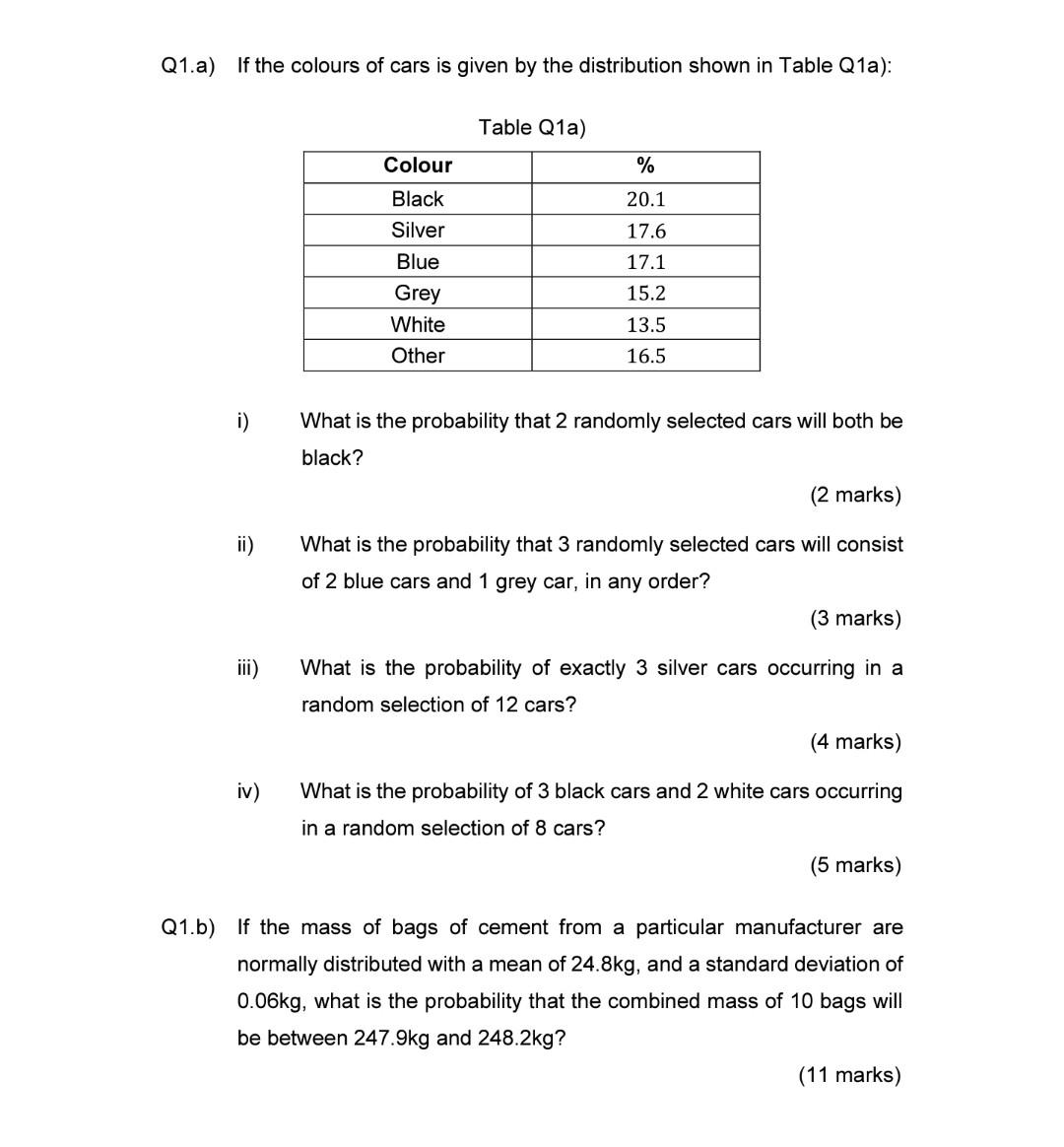 Q1 A If The Colours Of Cars Is Given By The Distribution Shown In Table Q1a Table Q1a Colour Black Silver 20 1 17 1