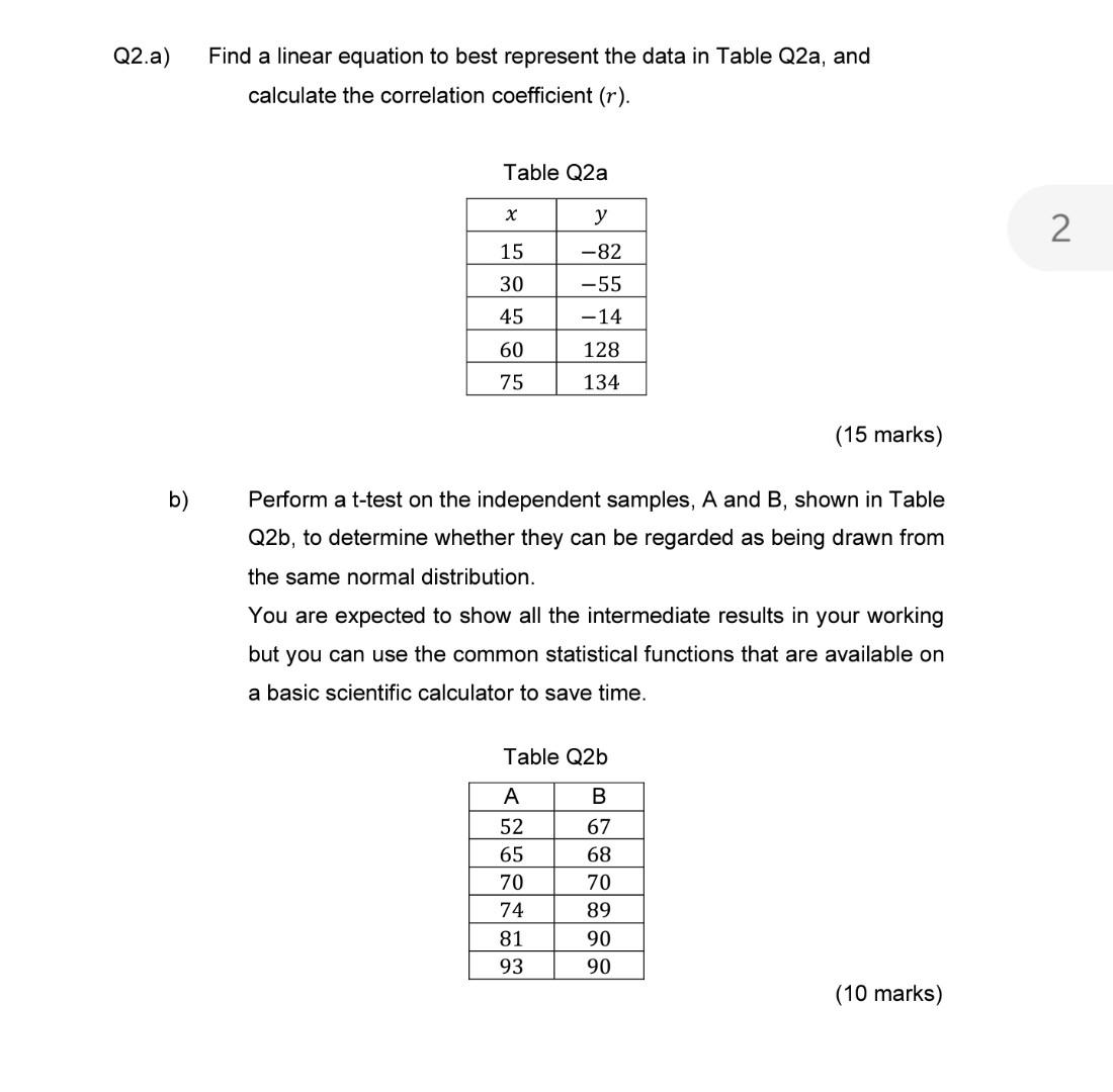 Q2 A Find A Linear Equation To Best Represent The Data In Table Q2a And Calculate The Correlation Coefficient R Tab 1