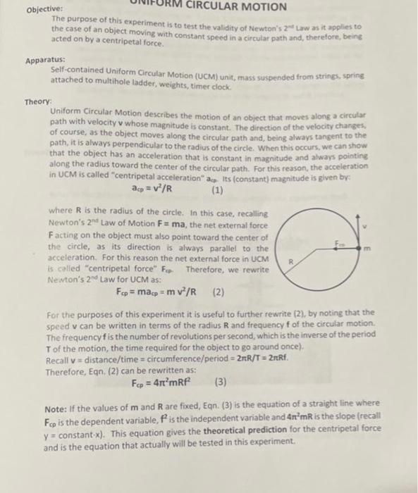 Objective Circular Motion The Purpose Of This Experiment Is To Test The Validity Of Newton S Z Law As It Applies To Th 1