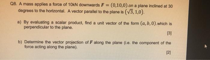 Q8 A Mass Applies A Force Of 10kn Downwards F 0 10 0 On A Plane Inclined At 30 Degrees To The Horizontal A Vector 1