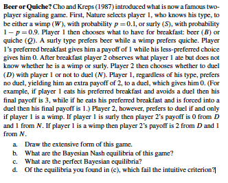Beer Or Quiche Cho And Kreps 1987 Introduced What Is Now A Famous Two Player Signaling Game First Nature Selects P 1