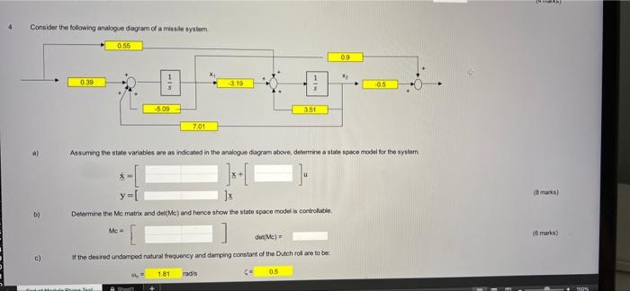 4 Consider The Following Analogue Dagram Of A Missile System 0 56 00 0 39 3 19 05 5 09 3 51 701 A Assuming The State V 1