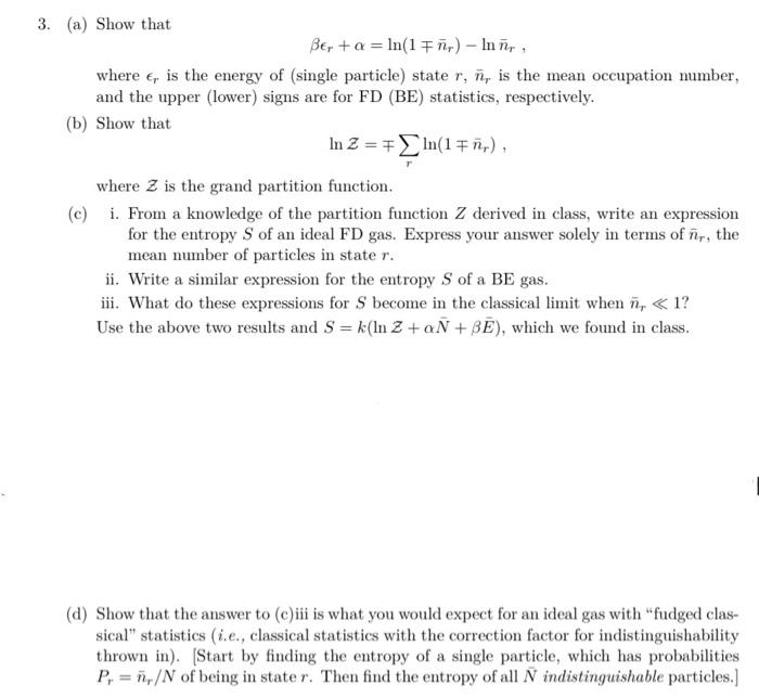 3 A Show That Ber A Ln 1 Fir Innr Where Is The Energy Of Single Particle State R 7 Is The Mean Occupati 1