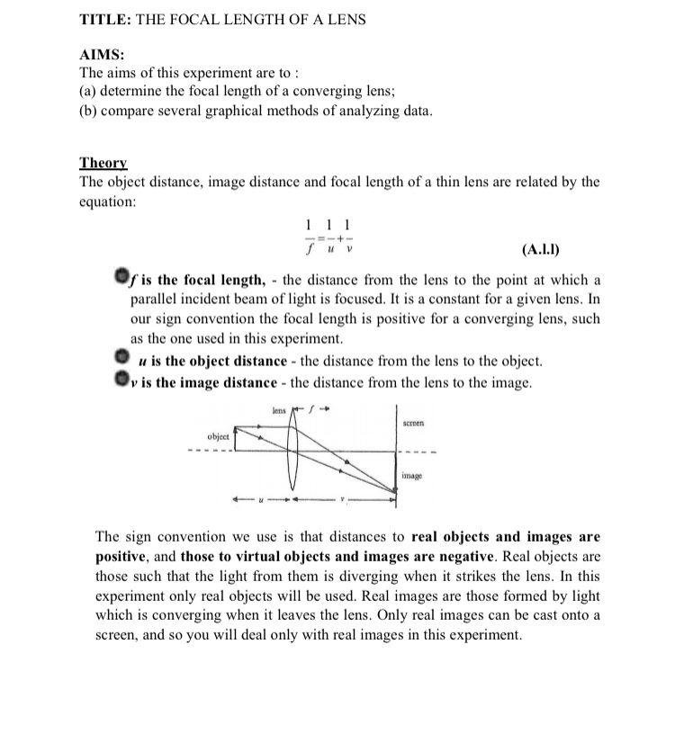 Title The Focal Length Of A Lens Aims The Aims Of This Experiment Are To A Determine The Focal Length Of A Convergi 1