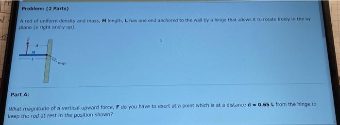 Pr Problem 2 Parts A Rod Of Uniform Density And Mass M Length L Has One End Anchored To The Wall By A Hinge That Al 1