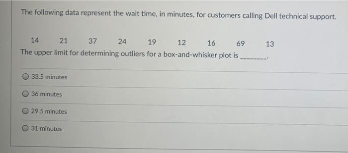 The Following Data Represent The Wait Time In Minutes For Customers Calling Dell Technical Support 14 21 37 24 19 12 1