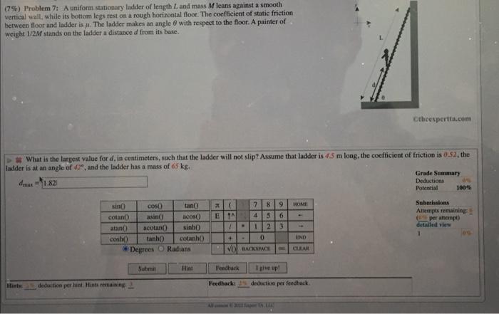 7 Problem 6 A Uniform Beam Of Length L 22 M And Mass M 42 Kg Has Its Lower End Fixed To Pivot At A Point On The Fl 2