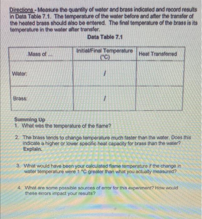 Directions Measure The Quantity Of Water And Brass Indicated And Record Results In Data Table 7 1 The Temperature Of 1