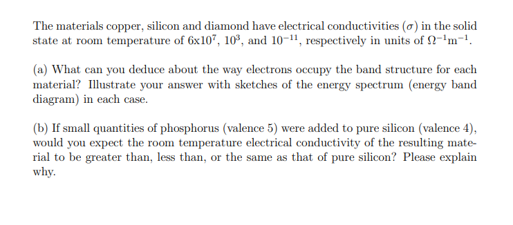 The Materials Copper Silicon And Diamond Have Electrical Conductivities O In The Solid State At Room Temperature Of 6 1