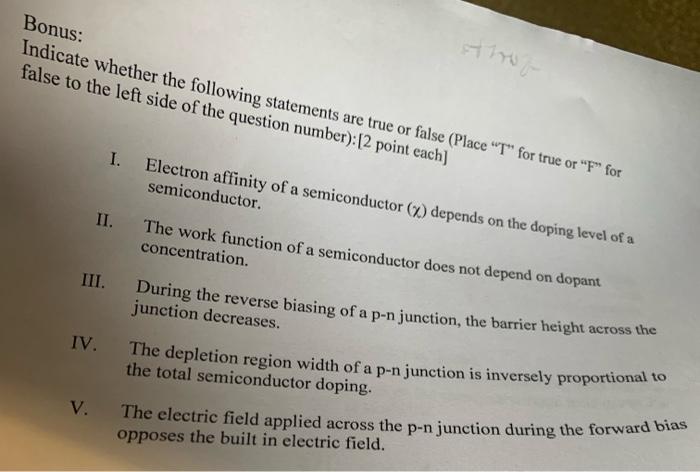 Bonus Indicate Whether The Following Statements Are True Or False Place T For True Or F For False To The Left Side 1