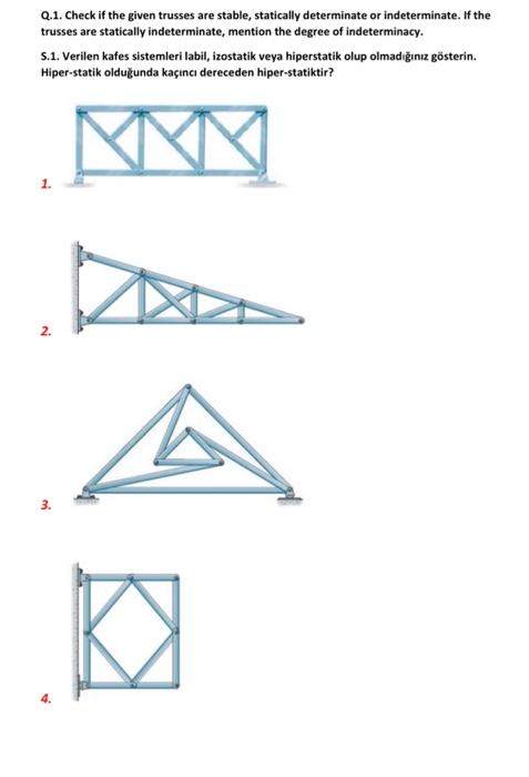 Q 1 Check If The Given Trusses Are Stable Statically Determinate Or Indeterminate If The Trusses Are Statically Indet 1