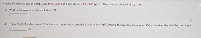 A Block Of Solid Lead Sits On A Flat Level Shelf Lead Has A Density Of 1 13 X 104 Kg M The Mass Of The Block Is 22 0 1