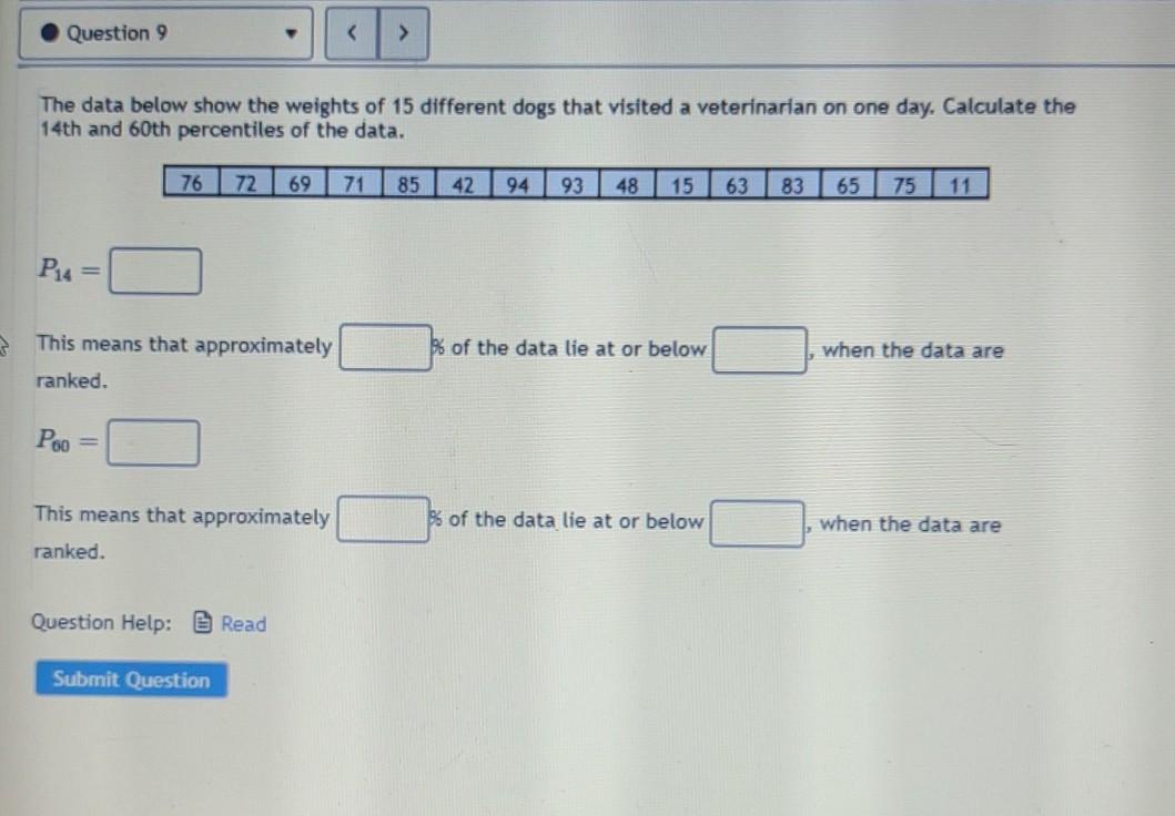 Question 9 The Data Below Show The Weights Of 15 Different Dogs That Visited A Veterinarian On One Day Calculate Th 1