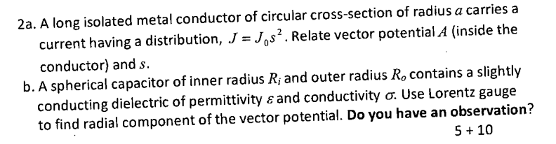 2a A Long Isolated Metal Conductor Of Circular Cross Section Of Radius A Carries A Current Having A Distribution J J 1
