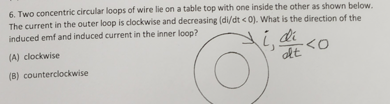 6 Two Concentric Circular Loops Of Wire Lie On A Table Top With One Inside The Other As Shown Below The Current In The 1