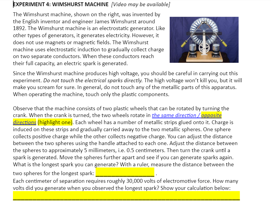 Experiment 4 Wimshurst Machine Video May Be Available The Wimshurst Machine Shown On The Right Was Invented By The 1