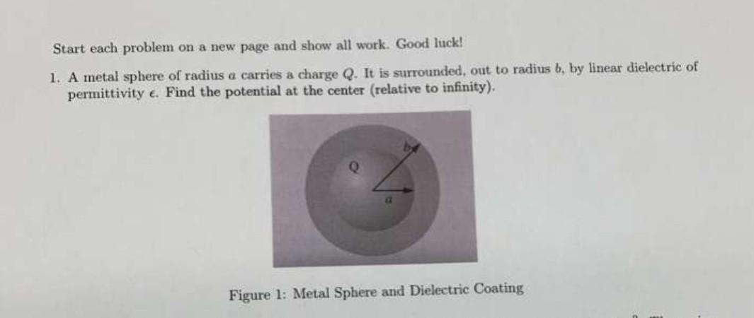 Start Each Problem On A New Page And Show All Work Good Luck 1 A Metal Sphere Of Radius A Carries A Charge Q It Is S 1