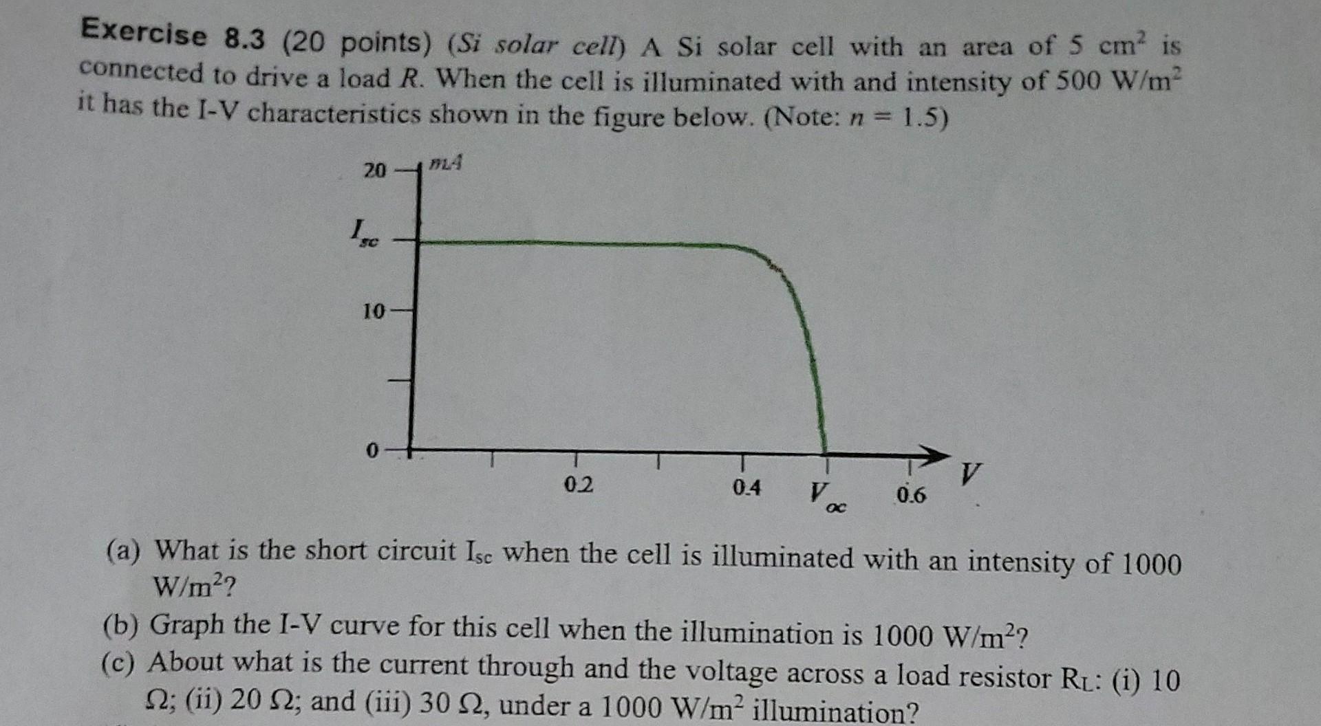 Exercise 8 3 20 Points Si Solar Cell A Si Solar Cell With An Area Of 5 Cm Is Connected To Drive A Load R When The C 1