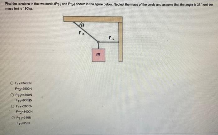 Find The Tensions In The Two Cords Ft1 And Ft2 Shown In The Figure Below Neglect The Mass Of The Cords And Assume Tha 1