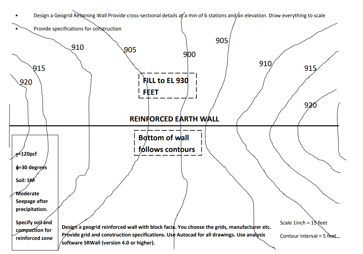 Design A Geogrid Retaining Wall Provide Cross Sectional Details At A Min Of 6 Stations And An Elevation Draw Everything 1