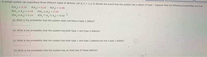 A Certain System Can Experience Three Different Types Of Defects Let A 1 2 3 Denote The Event That The System Has A 1