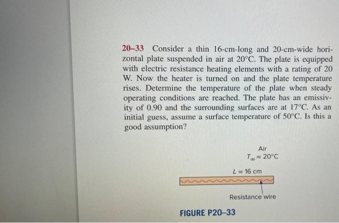 20 33 Consider A Thin 16 Cm Long And 20 Cm Wide Hori Zontal Plate Suspended In Air At 20 C The Plate Is Equipped With 1