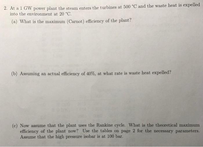 2 At A 1 Gw Power Plant The Steam Enters The Turbines At 500 C And The Waste Heat Is Expelled Into The Environment At 1