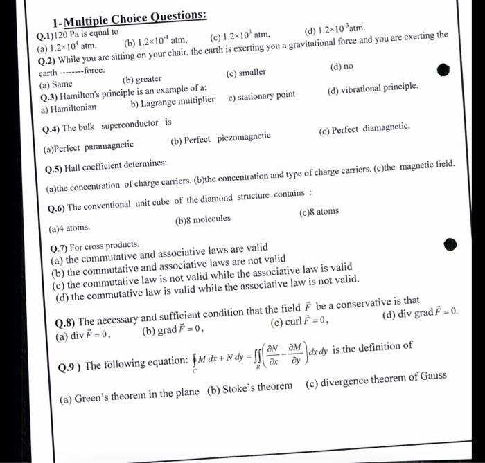 1 Multiple Choice Questions Q 1 120 Pa Is Equal To A 1 2 10 Atm B 1 2 10 Atm C 1 2 10 Atm D 1 2 10 Atm Q 1