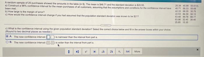 A Random Sample Of 20 Purchases Showed The Amounts In The Table In The Mean Is 48 71 And The Standard Deviation Is 1