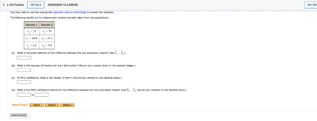 1 20 Points Details Aswesbe9 10 E 009 Mi My No You May Need To Use The Appropriate Appendix Table Or Technology To 1